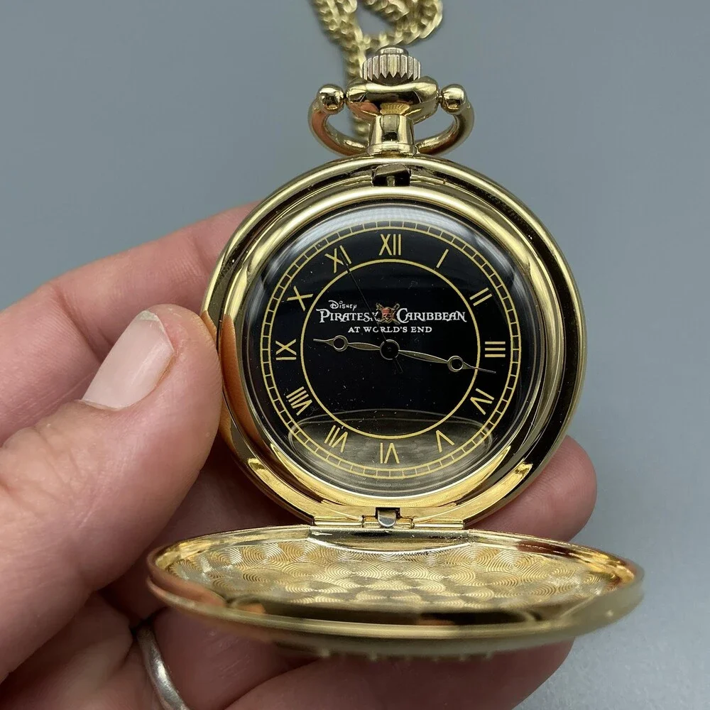 Disney Pirates Caribbean Pocket Watch Men 44mm Gold Tone Full Hunter New Battery